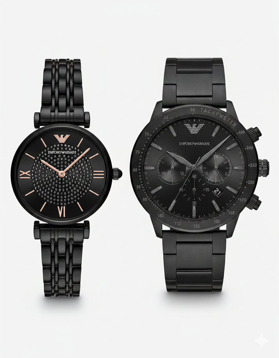 Pack Duo Montres Emporio Armani Acier Noir – Coffret Cadeau Saint Valentin Couple Maroc (AR11242 &amp; AR11245)