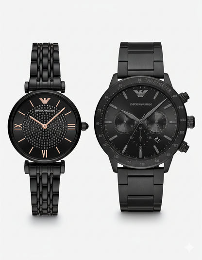 Pack Duo Montres Emporio Armani Acier Noir – Coffret Cadeau Saint Valentin Couple Maroc (AR11242 &amp; AR11245)