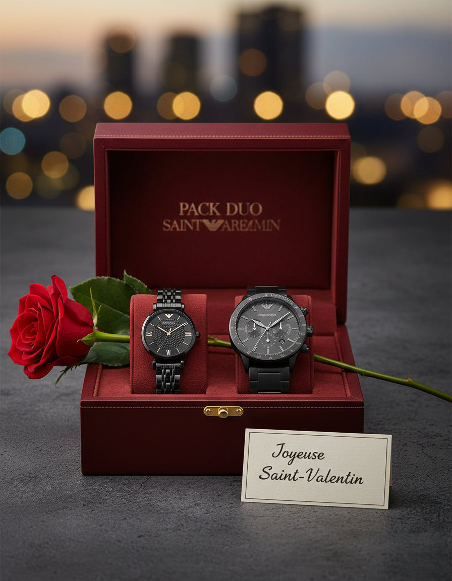 Pack Duo Montres Emporio Armani Acier Noir – Coffret Cadeau Saint Valentin Couple Maroc (AR11242 &amp; AR11245)