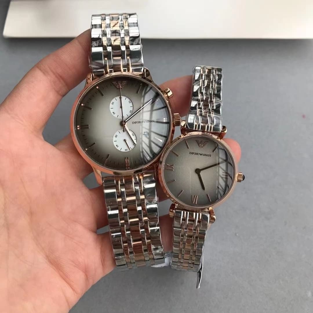 Coffret Montre Couple Emporio Armani AR1721 (Homme) &amp; AR1725 (Femme) Bicolore Or Rose