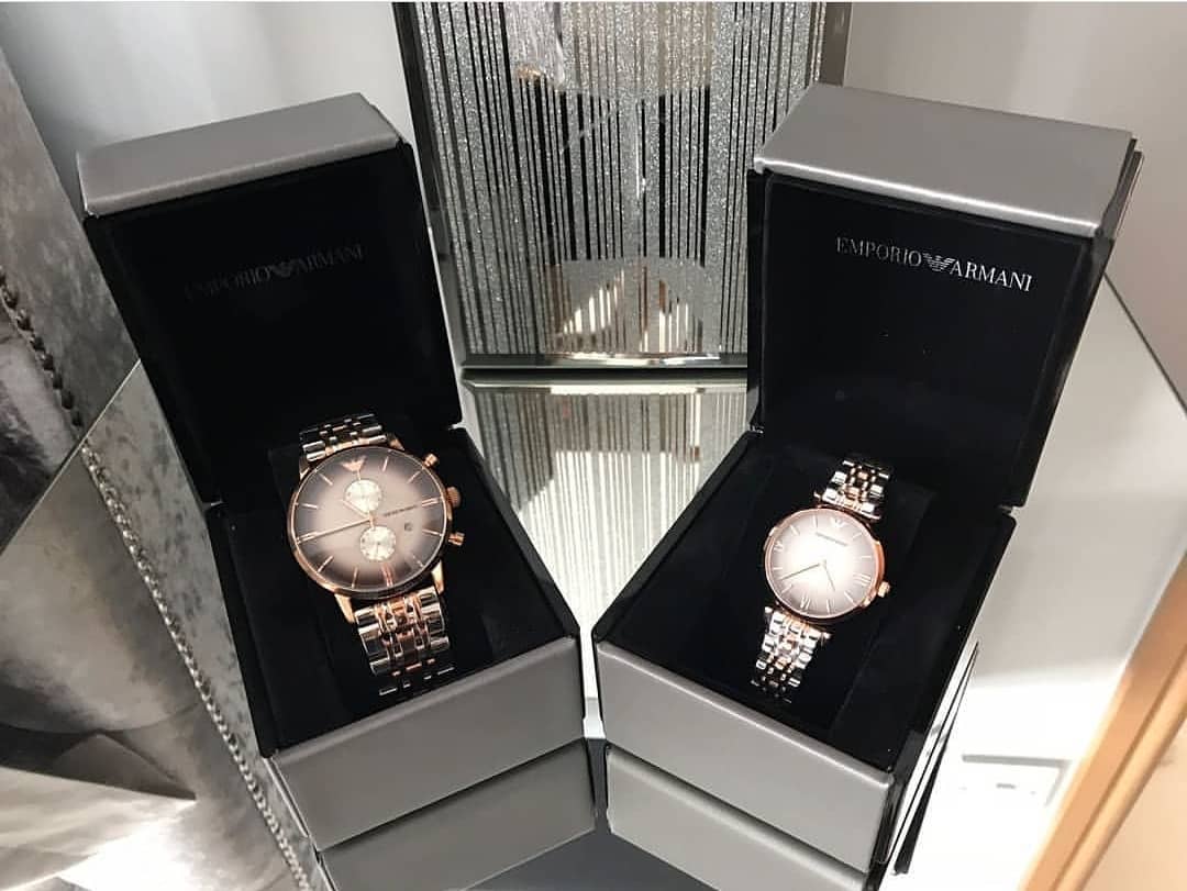 Coffret Montre Couple Emporio Armani AR1721 (Homme) &amp; AR1725 (Femme) Bicolore Or Rose