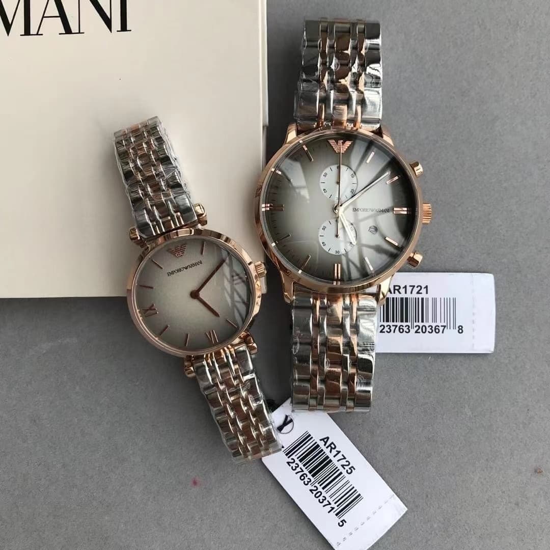 Coffret Montre Couple Emporio Armani AR1721 (Homme) &amp; AR1725 (Femme) Bicolore Or Rose