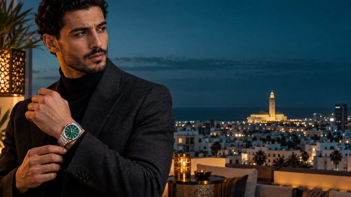 Homme montre Tissot PRX verte Casablanca nuits1